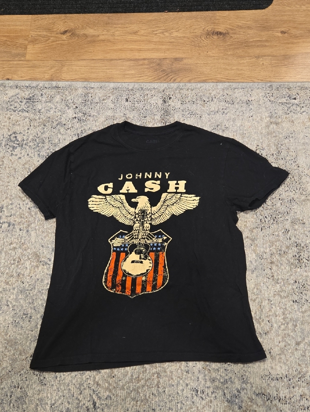 Black Graphic Tee with Cream and Red Shield Guitar Print, Johnny Cash